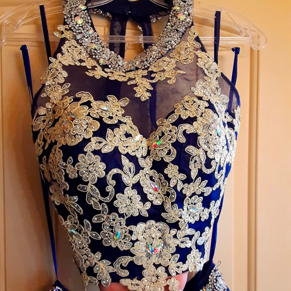 Royal blue w/gold lace 2-piece homecoming dress